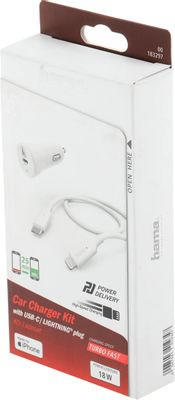 Автомобильное зарядное устройство HAMA H-183297,  USB type-C,  8-pin Lightning (Apple),  3A,  белый [00183297]