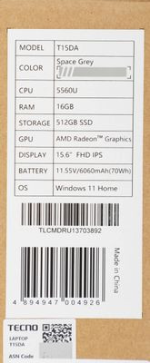 Ноутбук TECNO MegaBook T1 15.6", 2023, IPS, AMD Ryzen 5 5560U 2.3ГГц, 6-ядерный, 16ГБ LPDDR4, 512ГБ SSD,  AMD Radeon, Windows 11 Home, серый [71003300136]