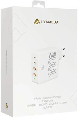 Сетевое зарядное устройство LYAMBDA SLT-100,  2xUSB-A + 2xUSB-C,  100Вт,  5A,  белый