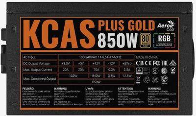 Блок питания Aerocool KCAS PLUS GOLD 850W ARGB,  850Вт,  120мм,  черный, retail [kcas plus 850g]