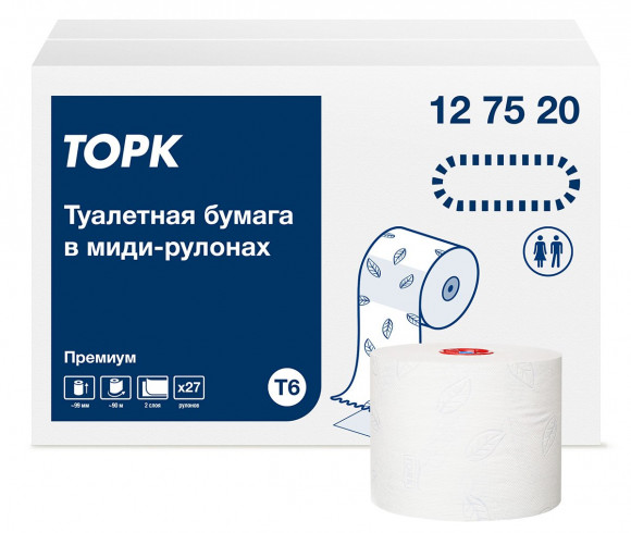 Туалетная бумага Торк Миди Премиум T6, 2-слойная, белая, 90 метров, 27 рулонов в коробке