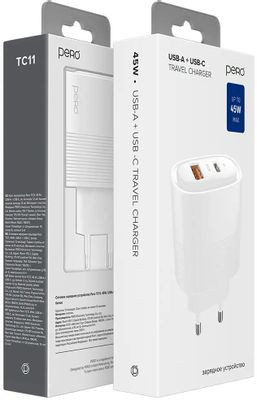 Сетевое зарядное устройство PERO ТС11W,  USB-A + Type-C,  45Вт,  3A,  белый