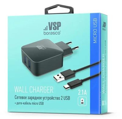 Сетевое зарядное устройство BORASCO 2xUSB,  microUSB,  2.1A,  черный [20649]