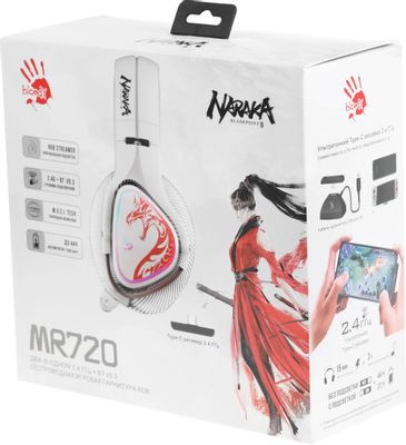 Гарнитура игровая A4TECH Bloody MR720,  для компьютера и игровых консолей, мониторные,  Bluetooth/радио, белый  / красный [mr720 naraka]