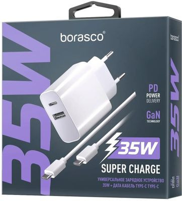 Сетевое зарядное устройство BORASCO USB + USB type-C,  USB type-C,  35Вт,  3A,  белый [52387]