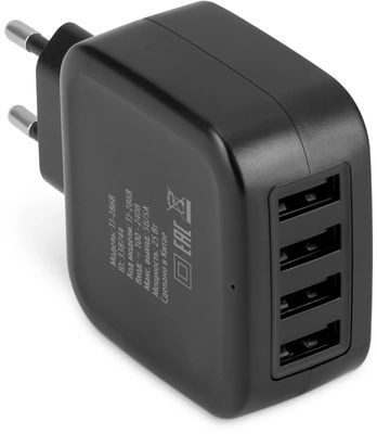 Сетевое зарядное устройство Buro TJ-286B Smart,  4xUSB,  25Вт,  5A,  черный