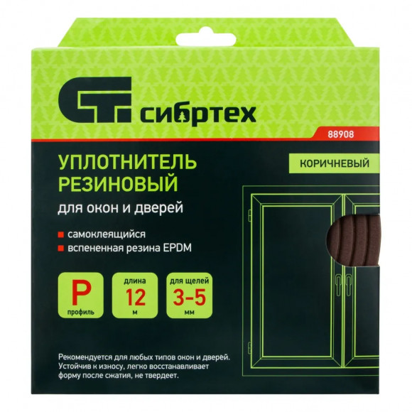 Уплотнитель резиновый, 12 м, профиль "P", коричневый Сибртех Уплотнитель резиновый, 12 м, профиль "P", коричневый Сибртех