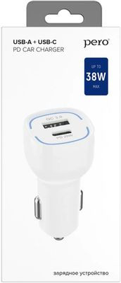 Автомобильное зарядное устройство PERO AC05,  USB-A + Type-C,  38Вт,  3A,  белый [aс05wh]