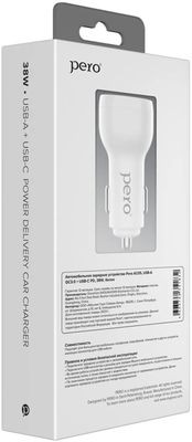 Автомобильное зарядное устройство PERO AC05,  USB-A + Type-C,  38Вт,  3A,  белый [aс05wh]