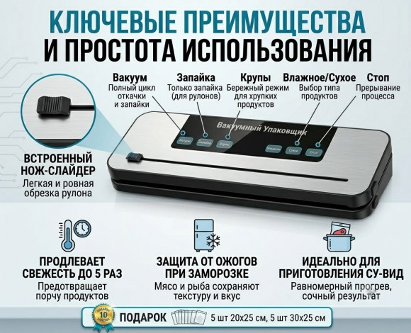Вакуумный упаковщик для продуктов (вакууматор) + 10 пакетов в подарок