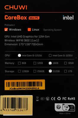 Мини ПК CHUWI CoreBox Intel Core i3 1215U, DDR5 16ГБ, 512ГБ(SSD), Intel UHD Graphics, Windows 11 Professional, серый Мини ПК CHUWI CoreBox Intel Core i3 1215U, DDR5 16ГБ, 512ГБ(SSD), Intel UHD Graphics, Windows 11 Professional, серый