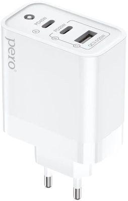 Сетевое зарядное устройство PERO TC17,  USB + 2xUSB type-C,  65Вт,  3A,  белый [tc17w]