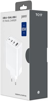 Сетевое зарядное устройство PERO TC17,  USB + 2xUSB type-C,  65Вт,  3A,  белый [tc17w]