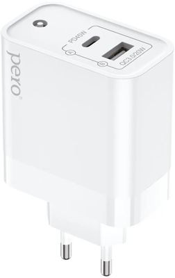 Сетевое зарядное устройство PERO TC15,  USB-A + Type-C,  65Вт,  3A,  белый [тс15w]