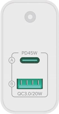 Сетевое зарядное устройство PERO TC15,  USB-A + Type-C,  65Вт,  3A,  белый [тс15w]