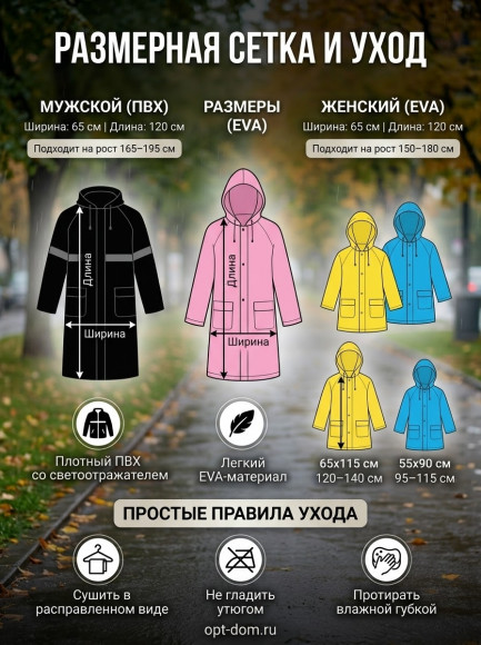 Плащ-дождевик многоразовый (мужской ПВХ, женский и детский EVA)