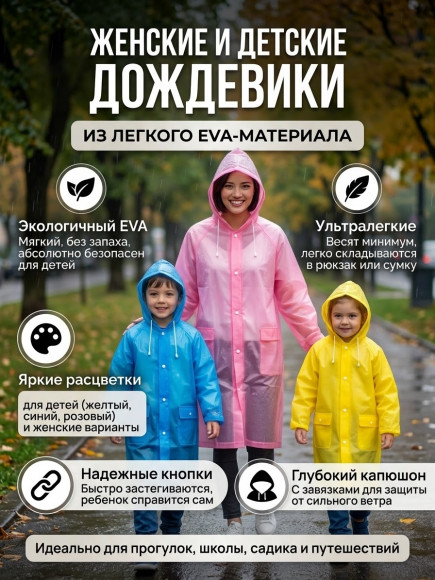 Плащ-дождевик многоразовый (мужской ПВХ, женский и детский EVA)