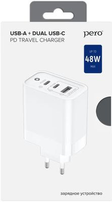 Сетевое зарядное устройство PERO TC14,  USB + 2xUSB type-C,  48Вт,  3A,  белый [тс14w]