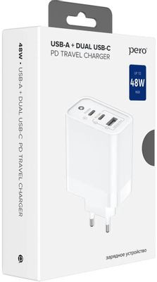 Сетевое зарядное устройство PERO TC14,  USB + 2xUSB type-C,  48Вт,  3A,  белый [тс14w]