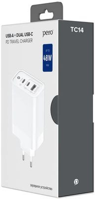 Сетевое зарядное устройство PERO TC14,  USB + 2xUSB type-C,  48Вт,  3A,  белый [тс14w]