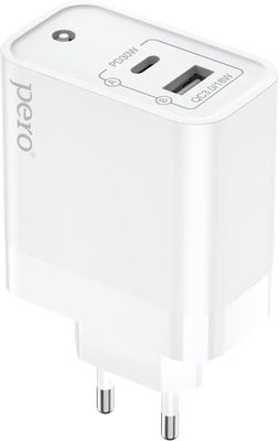 Сетевое зарядное устройство PERO TC12,  USB-A + Type-C,  48Вт,  3A,  белый [тс12w]