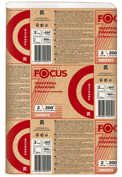 Полотенца бумажные Focus Premium, 24х21,5 см, Z-сложения, 2-слойные, белые, 200 листов в упаковке, 20 упаковок в мешке