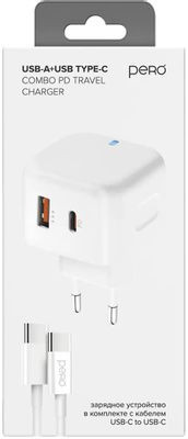 Сетевое зарядное устройство PERO TC10,  USB-A + Type-C,  USB-C,  20Вт,  3.1A,  белый [тс10ccwh]