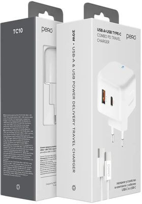 Сетевое зарядное устройство PERO TC10,  USB-A + Type-C,  USB-C,  20Вт,  3.1A,  белый [тс10ccwh]
