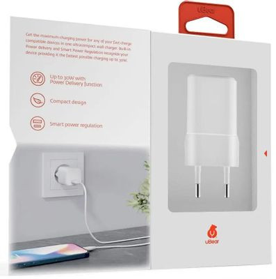 Сетевое зарядное устройство UBEAR WC04WHPD30-C,  USB-C,  30Вт,  3A,  белый