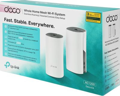 Бесшовный Mesh роутер TP-LINK Deco E4,  AC1200,  белый,  2 шт. в комплекте [deco e4(2-pack)]