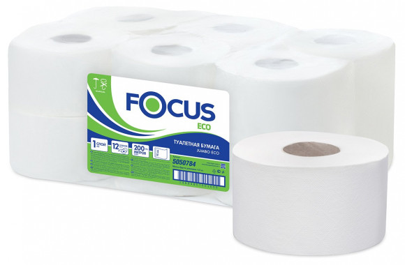 Туалетная бумага Focus 1-слойная, 200 метров, белая, в упаковке 12 штук