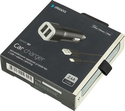 Автомобильное зарядное устройство Deppa GA-3003W,  2xUSB,  8-pin Lightning (Apple),  12Вт,  2.4A,  черный [11285]