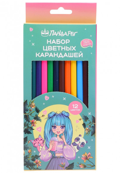 Карандаши цветные ПандаРог Аниме, 12 цветов, деревянные, шестигранные