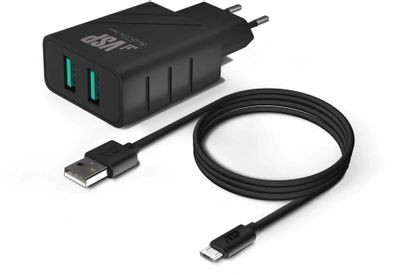 Сетевое зарядное устройство BORASCO 2USB,  2xUSB,  microUSB,  2.4A,  черный [37263]