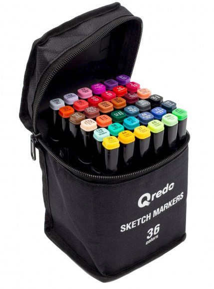 Маркеры для скетчинга Qredo Black, 36 штук, двухсторонние, в текстильной сумке