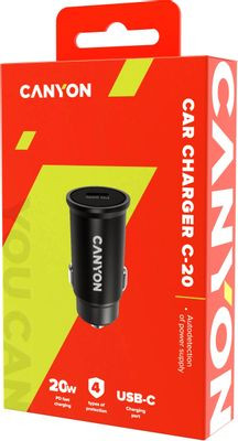Автомобильное зарядное устройство Canyon CNS-CCA20B,  USB type-C,  20Вт,  3A,  черный
