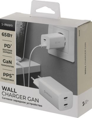 Сетевое зарядное устройство Deppa 2xUSB type-C,  65Вт,  3.25A,  белый [11445]