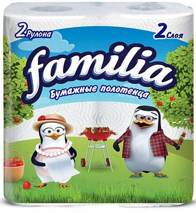 Полотенца бумажные Familia, 2-слойные, в рулонах, белые, 2 рулона в упаковке