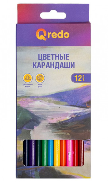 Карандаши цветные Qredo Mountain River, 12 цветов, деревянные, трехгранные Карандаши цветные Qredo Mountain River, 12 цветов, деревянные, трехгранные