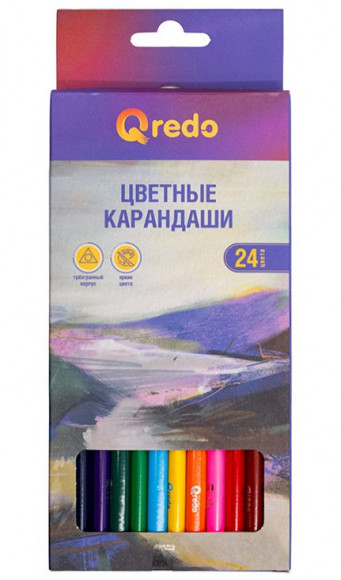 Карандаши цветные Qredo Mountain River, 24 цвета, деревянные, трехгранные