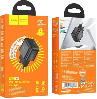 Сетевое зарядное устройство Hoco N32 Glory Black,  USB type-C,  30Вт,  3A,  черный