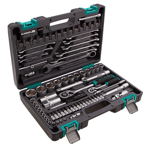 Набор инструментов, 1/2", 1/4", CrV, пластиковый кейс 82 предмета Stels