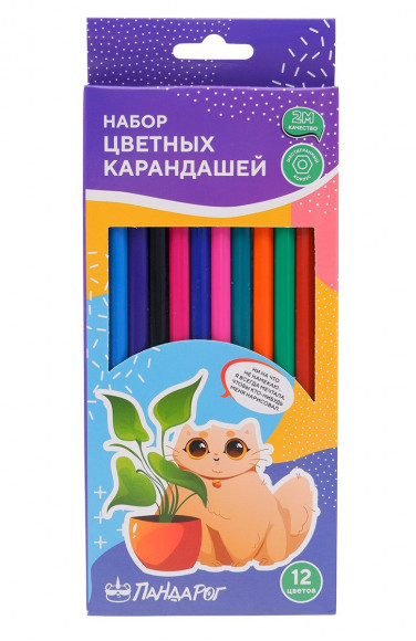 Карандаши цветные ПандаРог Творческие Котики, 12 цветов, пластиковые, шестигранные