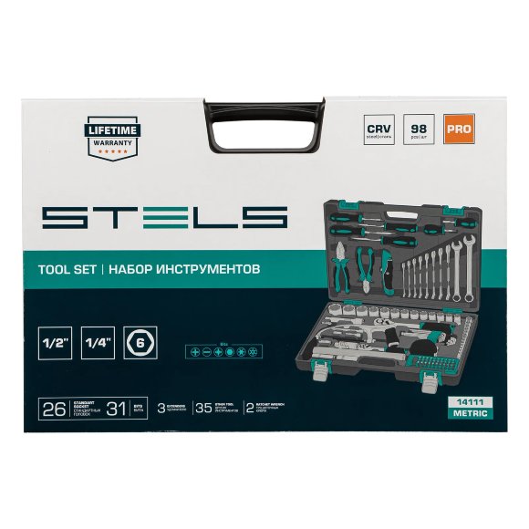 Набор инструментов, 1/2", 1/4", CrV, пластиковый кейс 98 предметов Stels