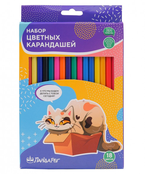 Карандаши цветные ПандаРог Творческие Котики, 18 цветов, пластиковые, шестигранные