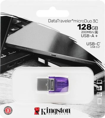Флешка USB Kingston DataTraveler microDuo 3C 128ГБ, USB3.0, фиолетовый [dtduo3cg3/128gb]