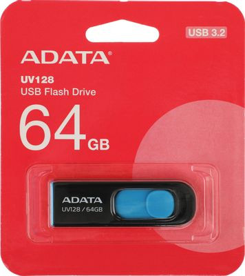 Флешка USB A-Data DashDrive UV128 64ГБ, USB3.0, черный и синий [auv128-64g-rbe]