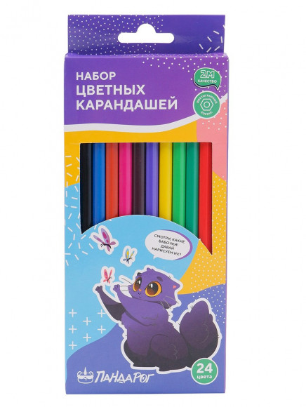 Карандаши цветные ПандаРог Творческие Котики, 24 цвета, пластиковые, шестигранные