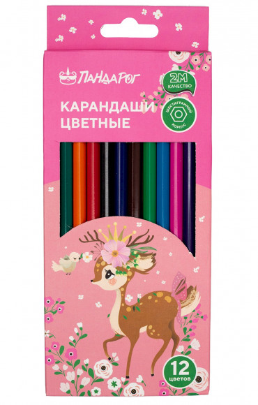 Карандаши цветные ПандаРог Олененок, 12  цветов, пластиковые, шестигранные