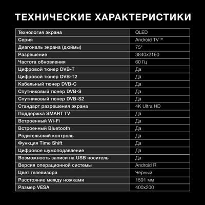 75" Телевизор Hyundai H-LED75QBU7500, QLED, 4K Ultra HD, черный, СМАРТ ТВ, Android TV